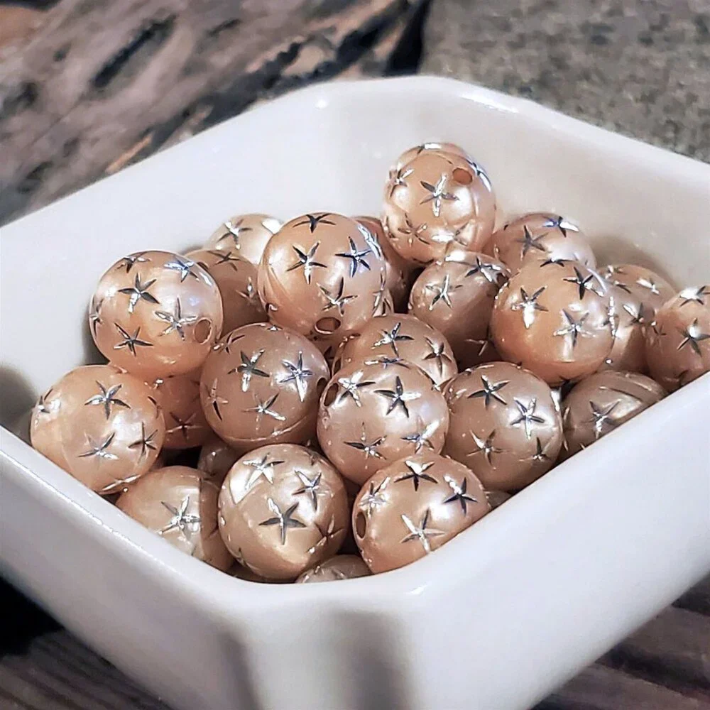 10 Vintage Retro Peach Silver Stars 12mm Round Acrylic Shabby Chic Beads